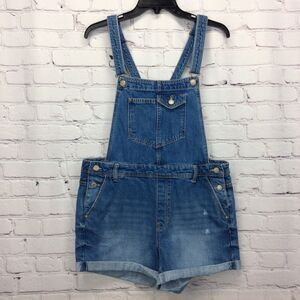 Bershka Denim Bib Shortalls Women's Size L Blue Distressed Cuffed Boho Festival